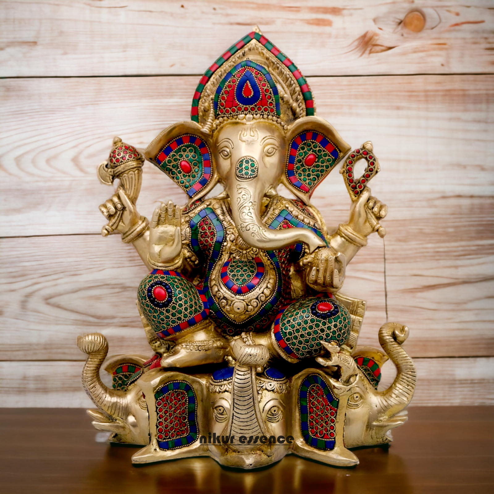 Large Brass Ganesha/Vinayaka Sitting on Elephant Idol with Stone Work - 16.5 inches Nikuressence