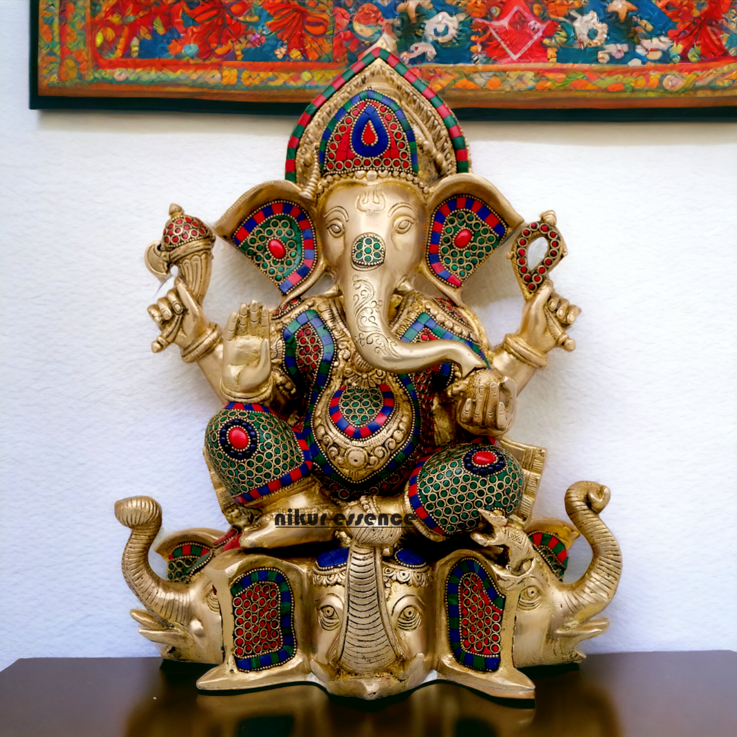 Large Brass Ganesha/Vinayaka Sitting on Elephant Idol with Stone Work - 16.5 inches Nikuressence