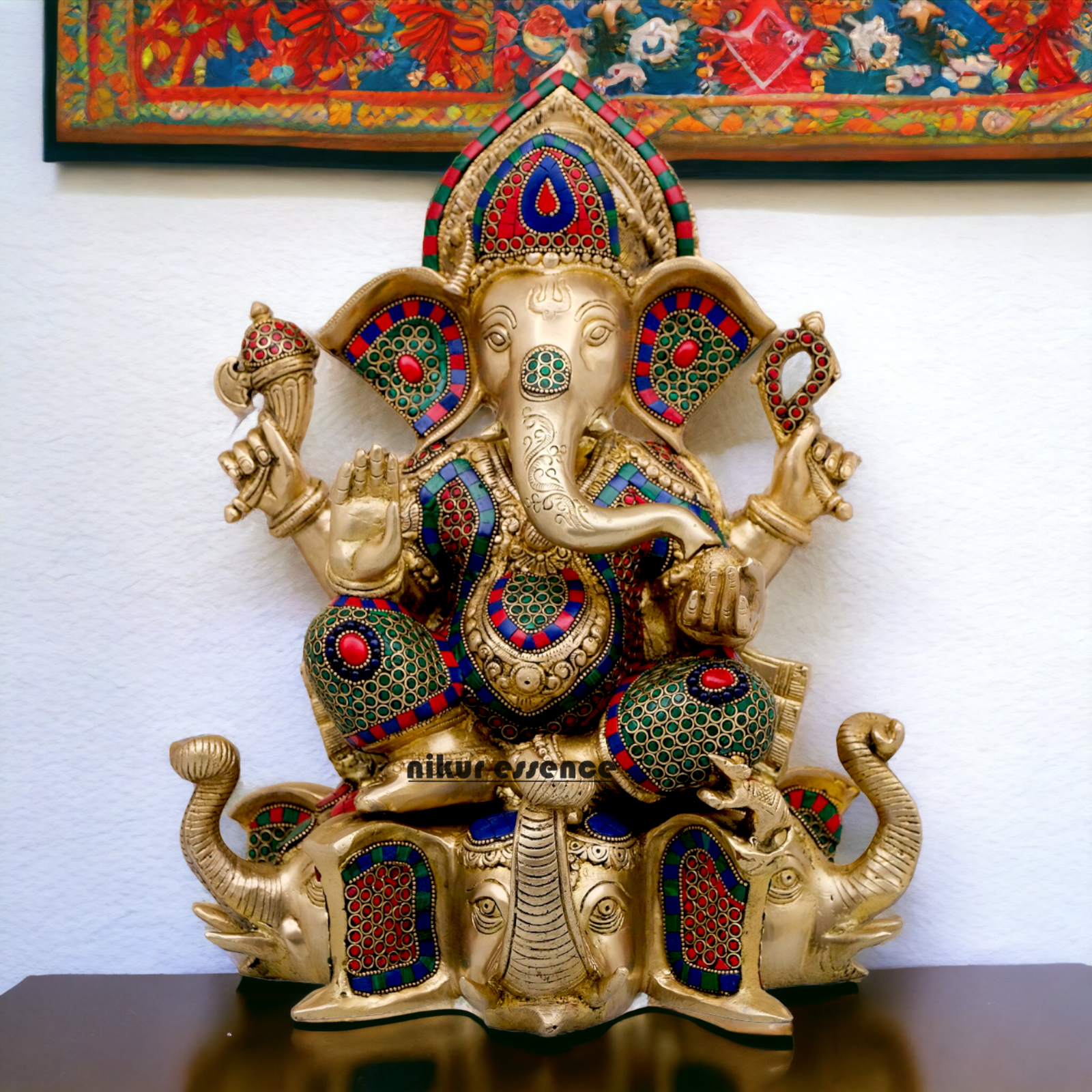 Large Brass Ganesha/Vinayaka Sitting on Elephant Idol with Stone Work - 16.5 inches Nikuressence