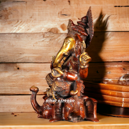 Large Ganesh Sitting on Elephant idol Brass - 16.5 inches Nikuressence