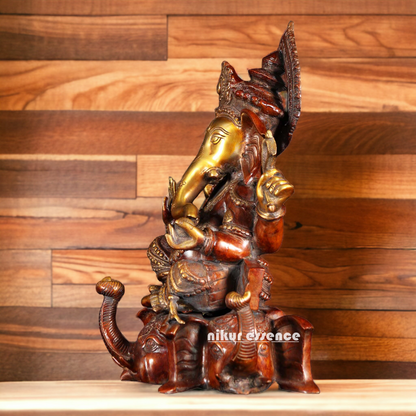 Large Ganesh Sitting on Elephant idol Brass - 16.5 inches Nikuressence