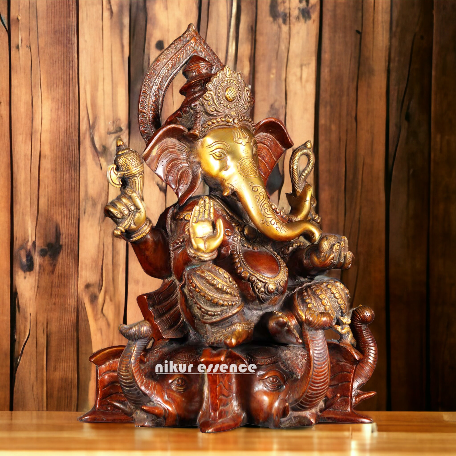 Large Ganesh Sitting on Elephant idol Brass - 16.5 inches Nikuressence