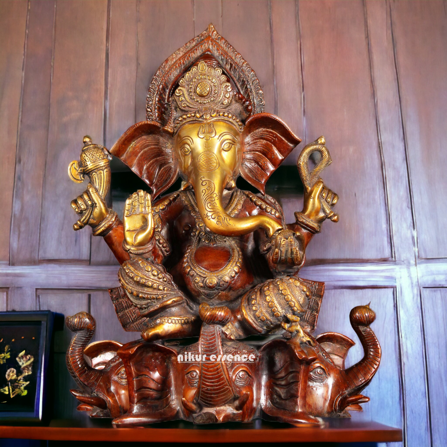 Large Ganesh Sitting on Elephant idol Brass - 16.5 inches Nikuressence