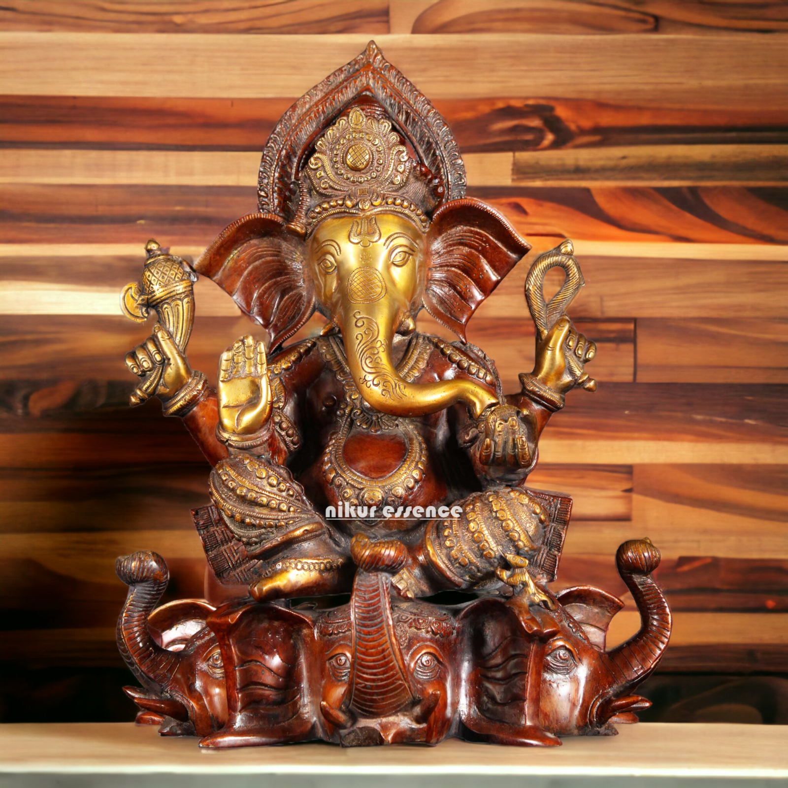 Large Ganesh Sitting on Elephant idol Brass - 16.5 inches Nikuressence