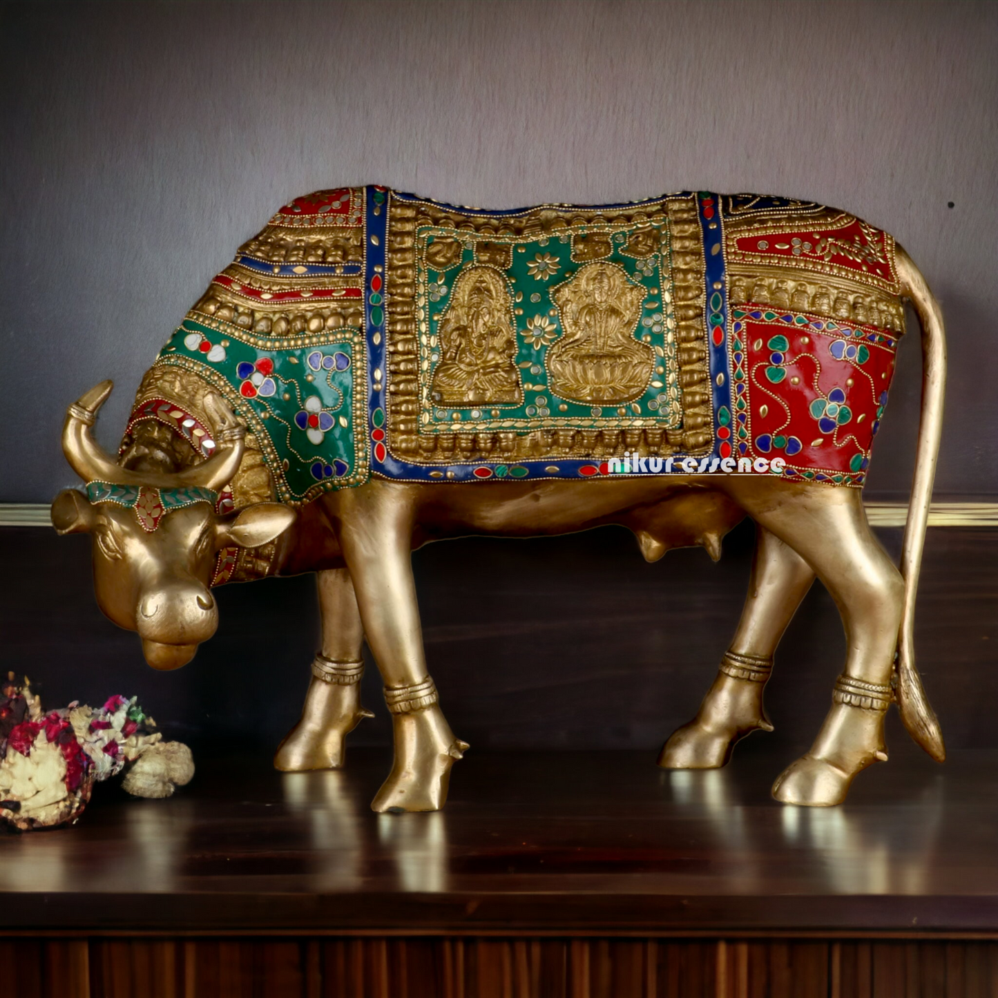 Goddess kamadhenu Cow idol with Stone Work- 14.5 inches Nikuressence
