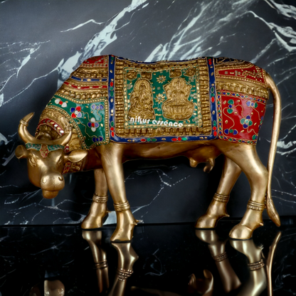 Goddess kamadhenu Cow idol with Stone Work- 14.5 inches Nikuressence