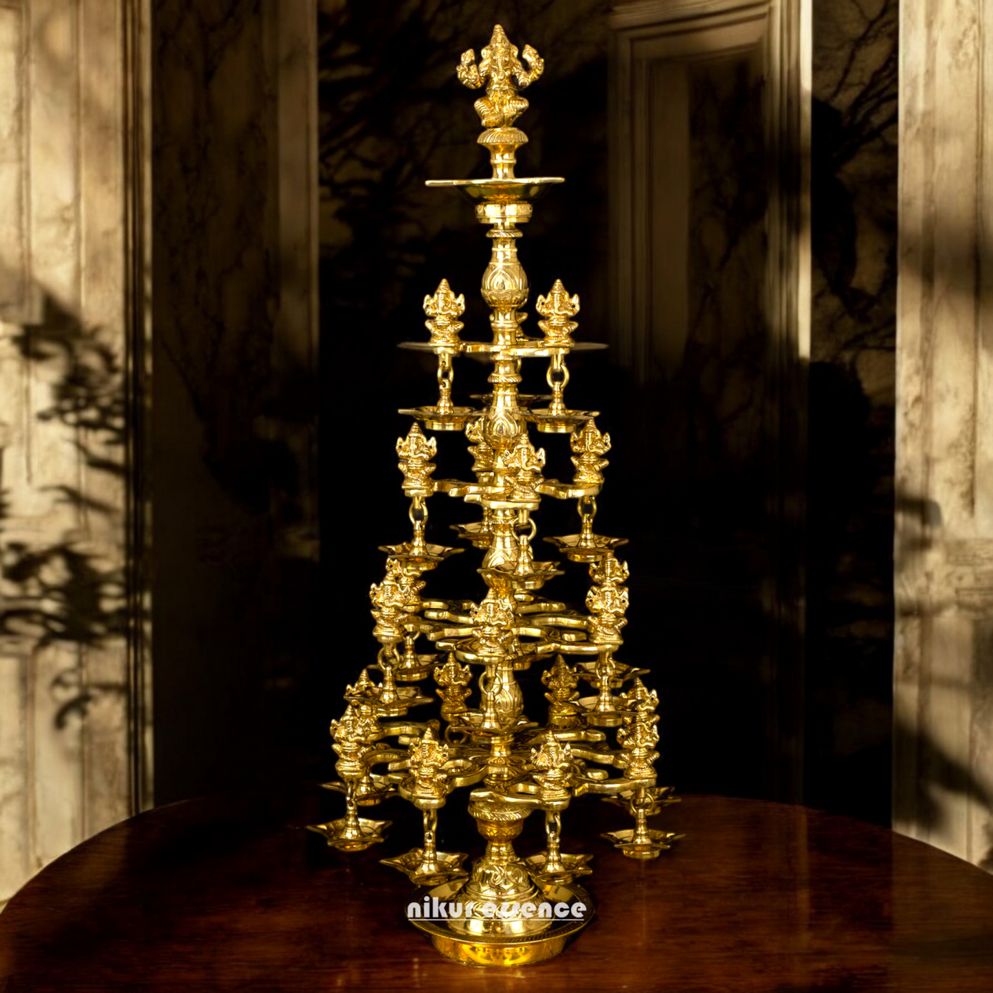 Buy Solid Brass Ganesh Diya Lamp with Twenty two Ganeshas - 38 Inches Height Nikuressence