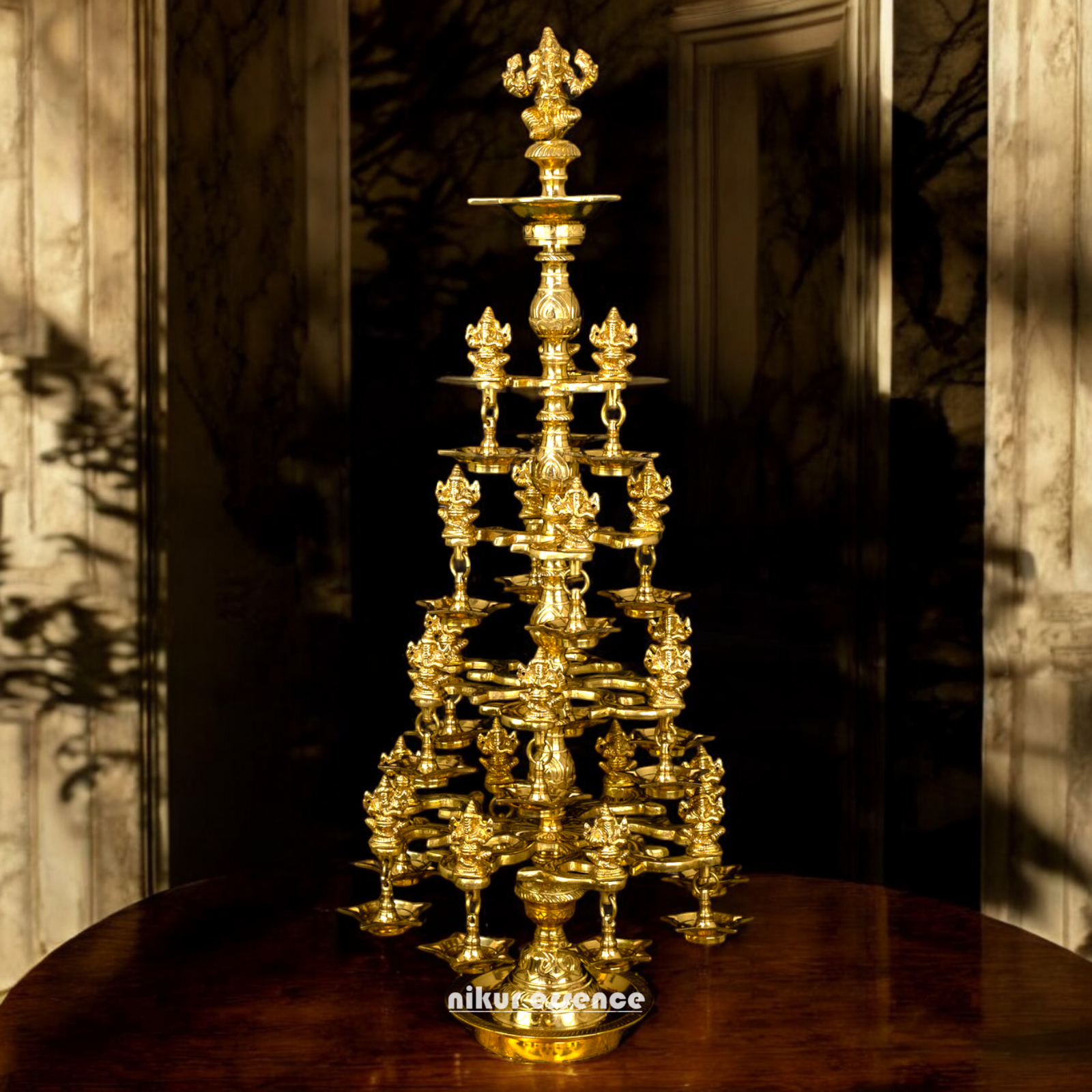 Buy Solid Brass Ganesh Diya Lamp with Twenty two Ganeshas - 38 Inches Height Nikuressence