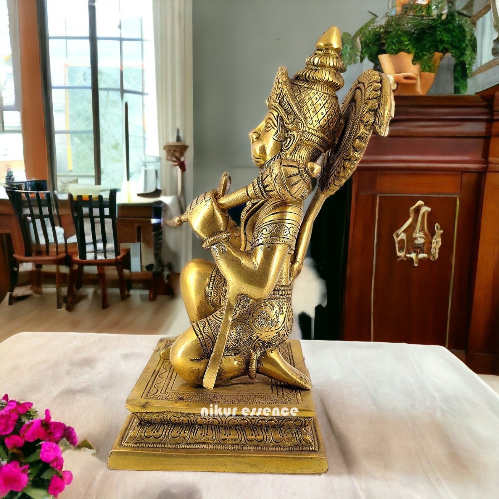 Solid Brass Hanuman Sitting Blessing with Gada Idol - 10 inches Nikuressence