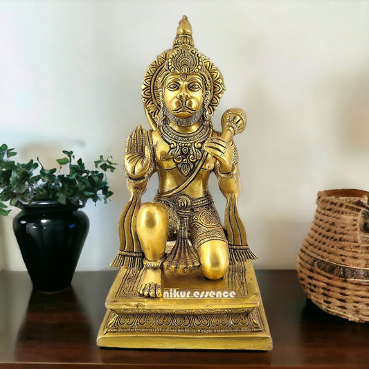 Solid Brass Hanuman Sitting Blessing with Gada Idol - 10 inches Nikuressence