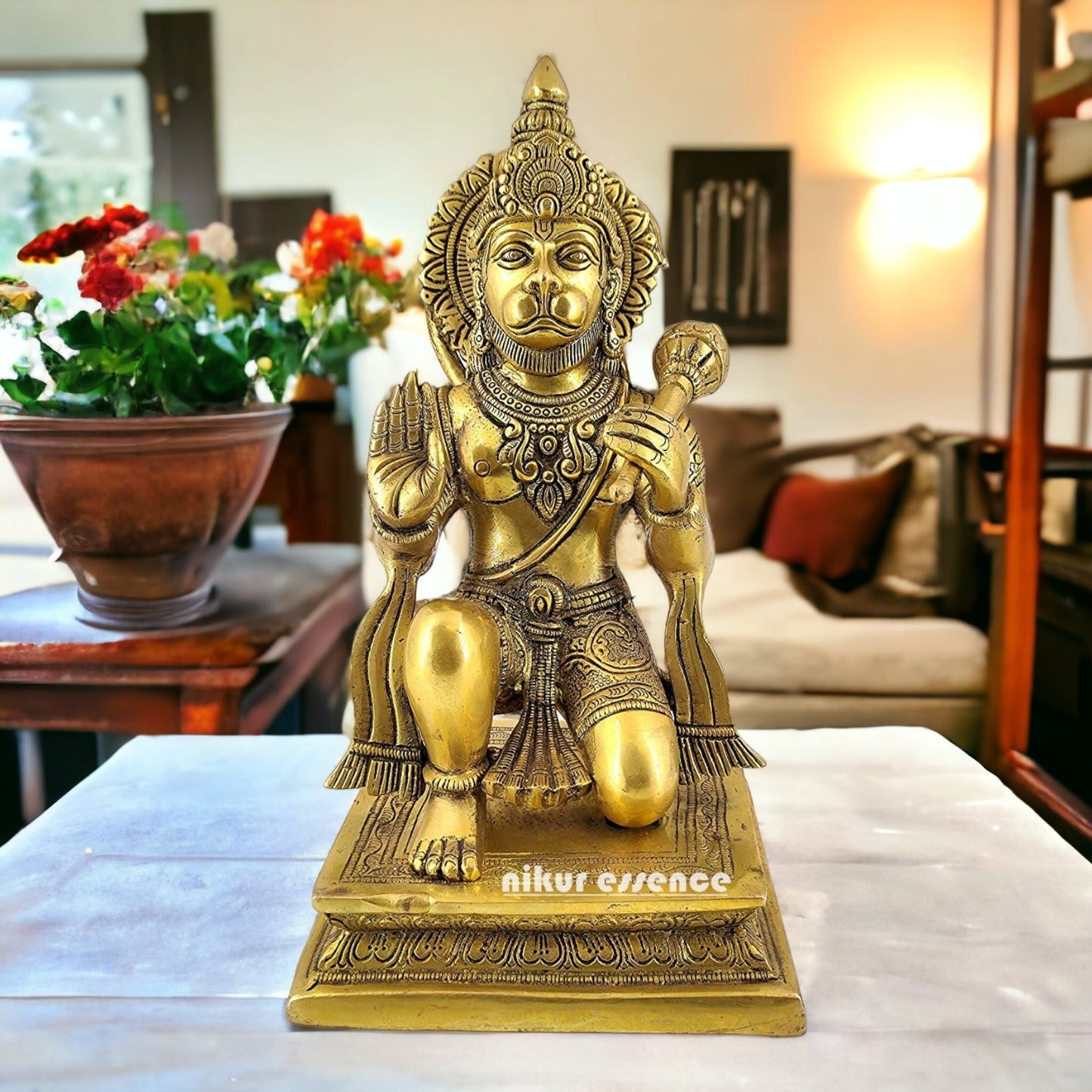 Solid Brass Hanuman Sitting Blessing with Gada Idol - 10 inches Nikuressence