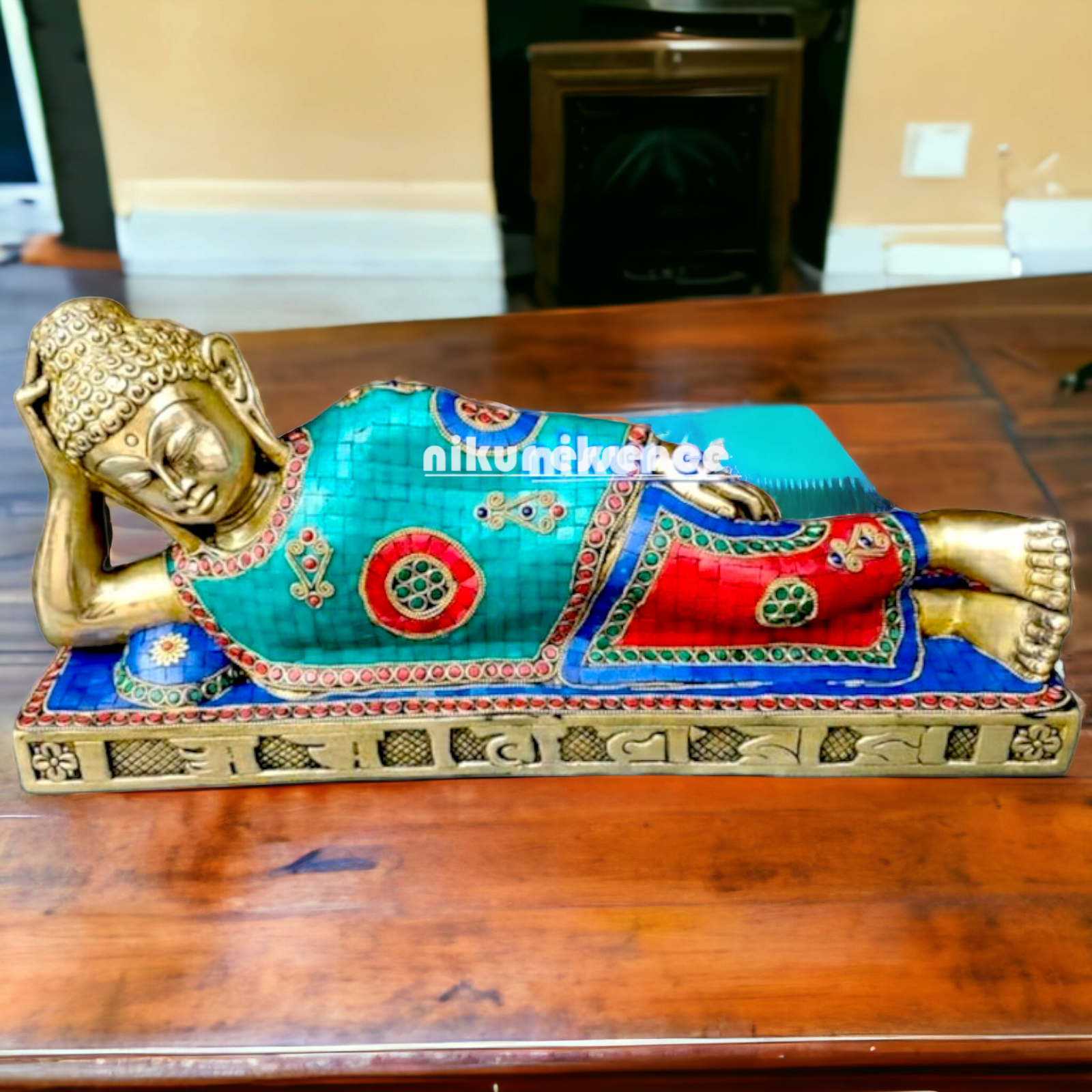 Large Brass Buddha Resting idol with Stone Work - 20 inches Nikuressence