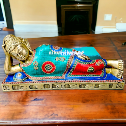 Large Brass Buddha Resting idol with Stone Work - 20 inches Nikuressence