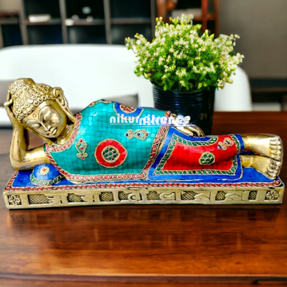 Large Brass Buddha Resting idol with Stone Work - 20 inches Nikuressence