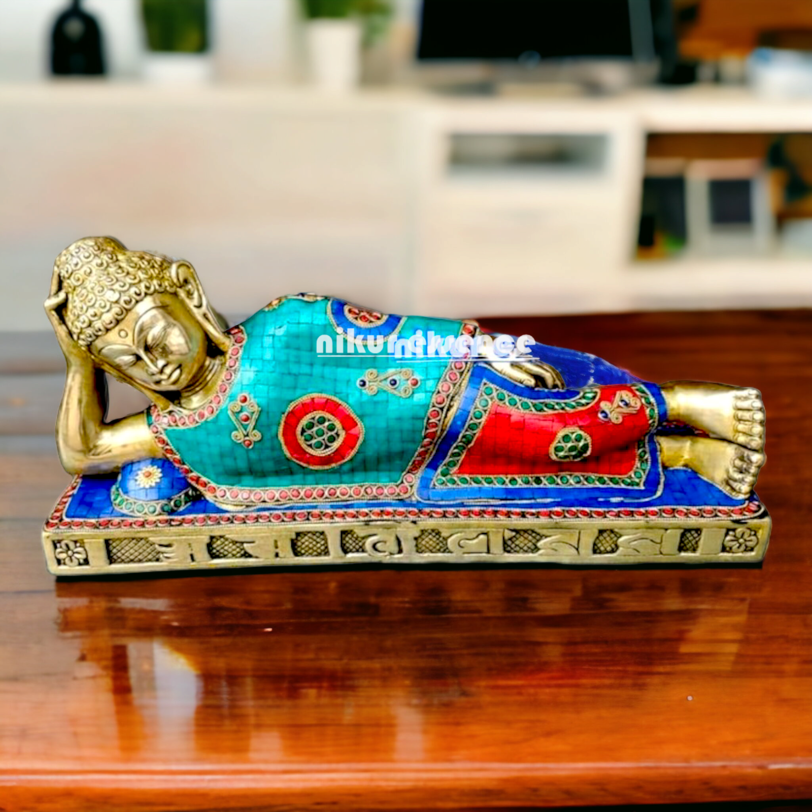 Large Brass Buddha Resting idol with Stone Work - 20 inches Nikuressence