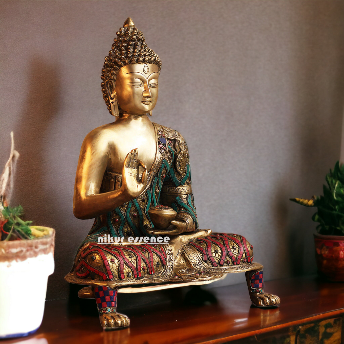 Buy Brass Buddha Blessing Idol with Stone Work - 20 inches Nikuressence