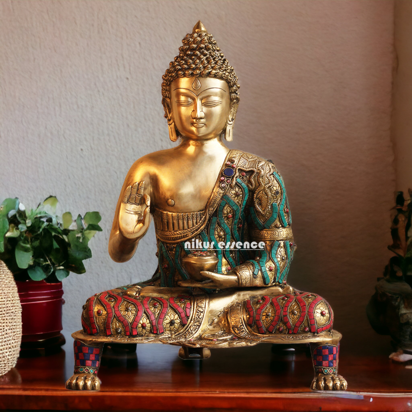 Buy Brass Buddha Blessing Idol with Stone Work - 20 inches Nikuressence
