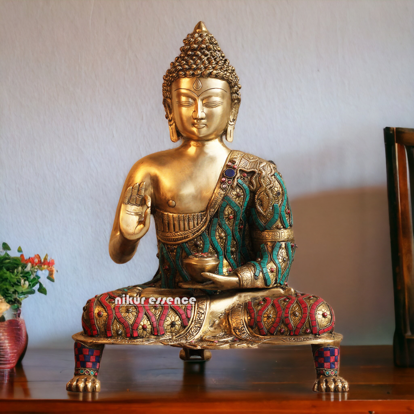 Buy Brass Buddha Blessing Idol with Stone Work - 20 inches Nikuressence