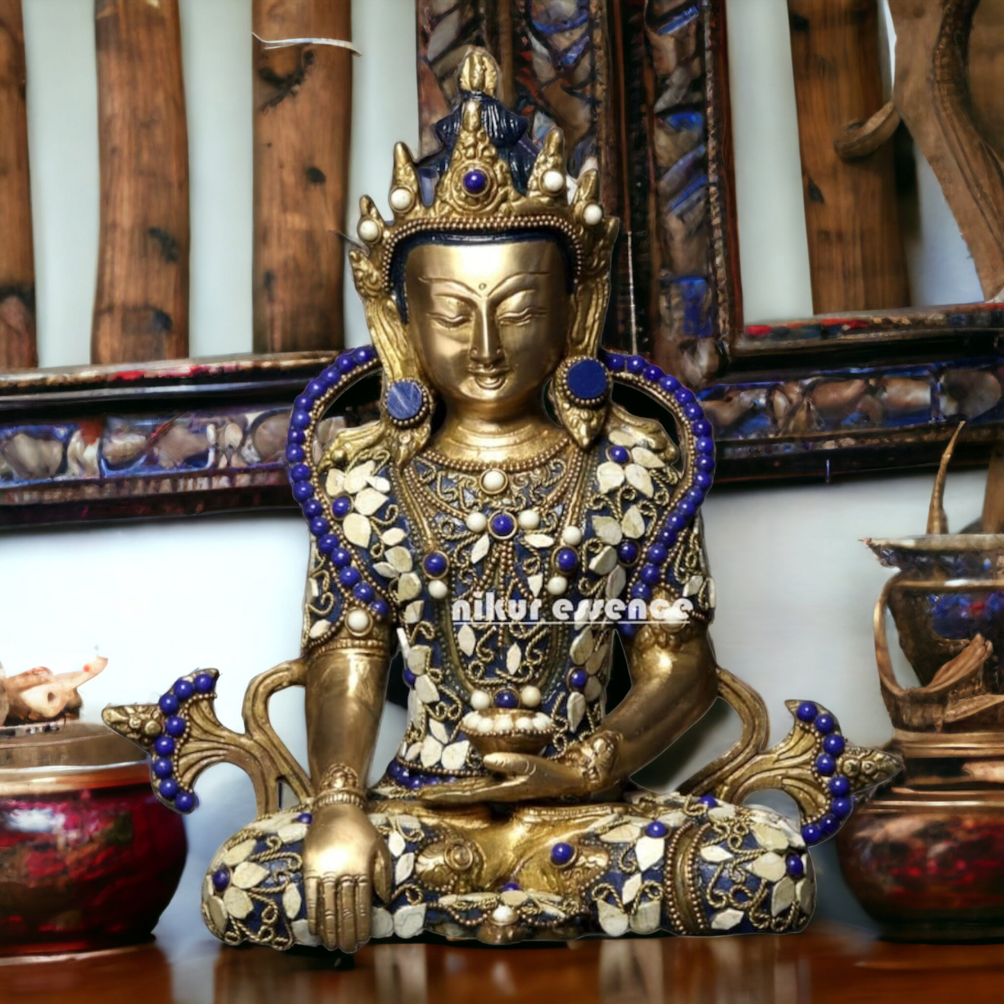 Online Brass Buddha Sitting Idol with Stone Work - 10.039 inches Nikuressence