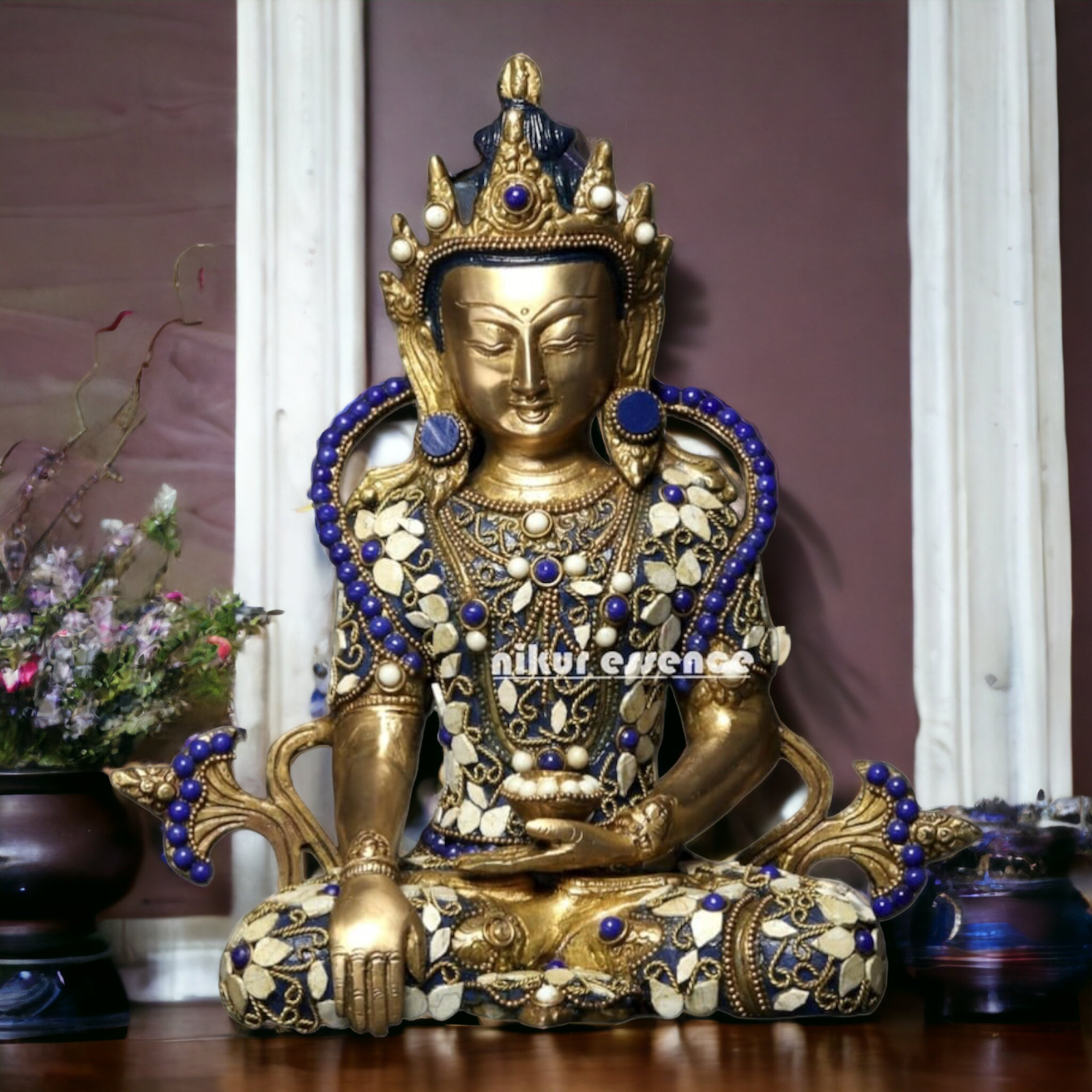 Online Brass Buddha Sitting Idol with Stone Work - 10.039 inches Nikuressence