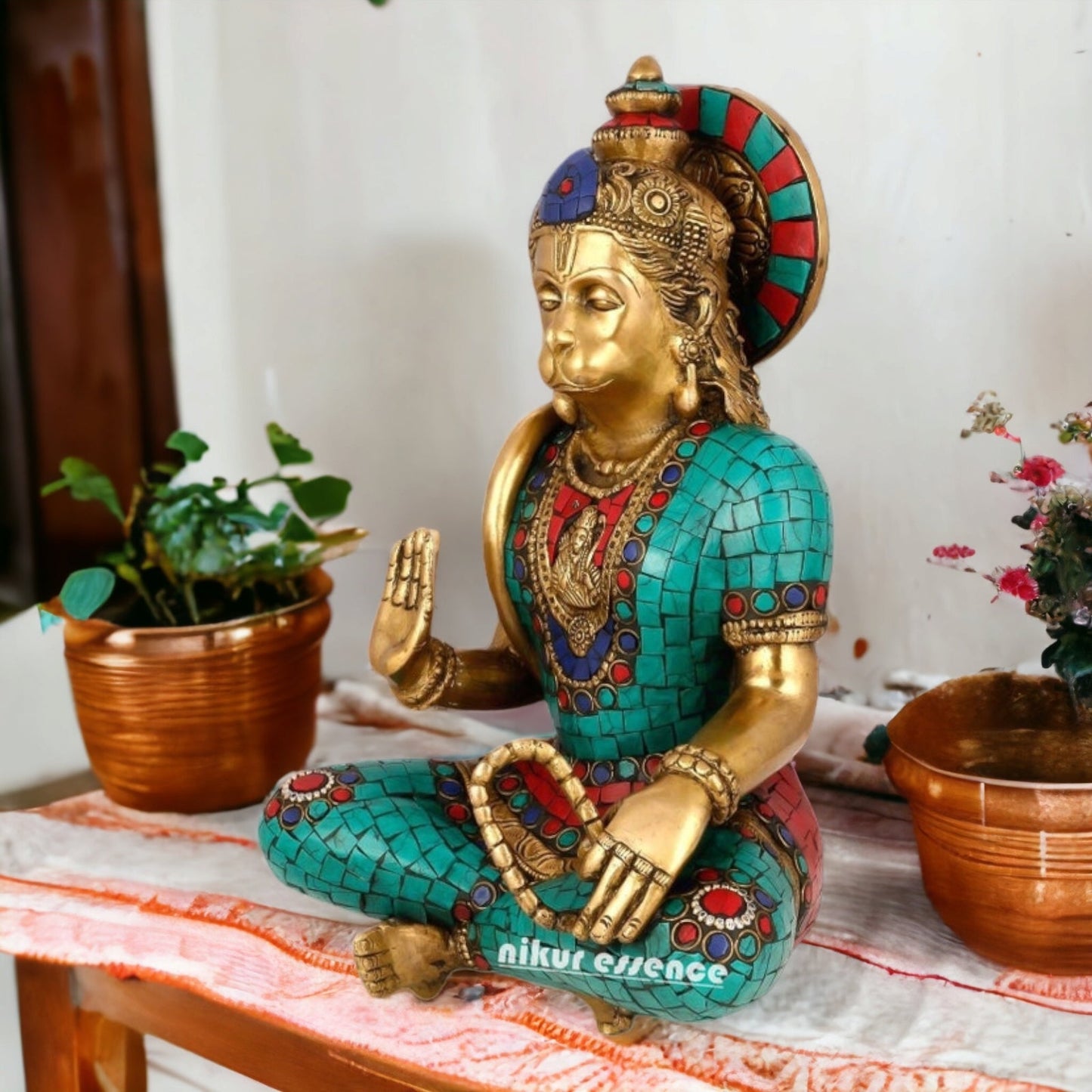 Brass Hanuman Sitting idol with Stone Work - 7.087 inches Nikuressence