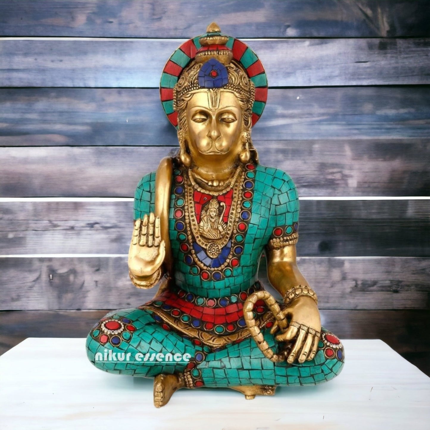 Brass Hanuman Sitting idol with Stone Work - 7.087 inches Nikuressence