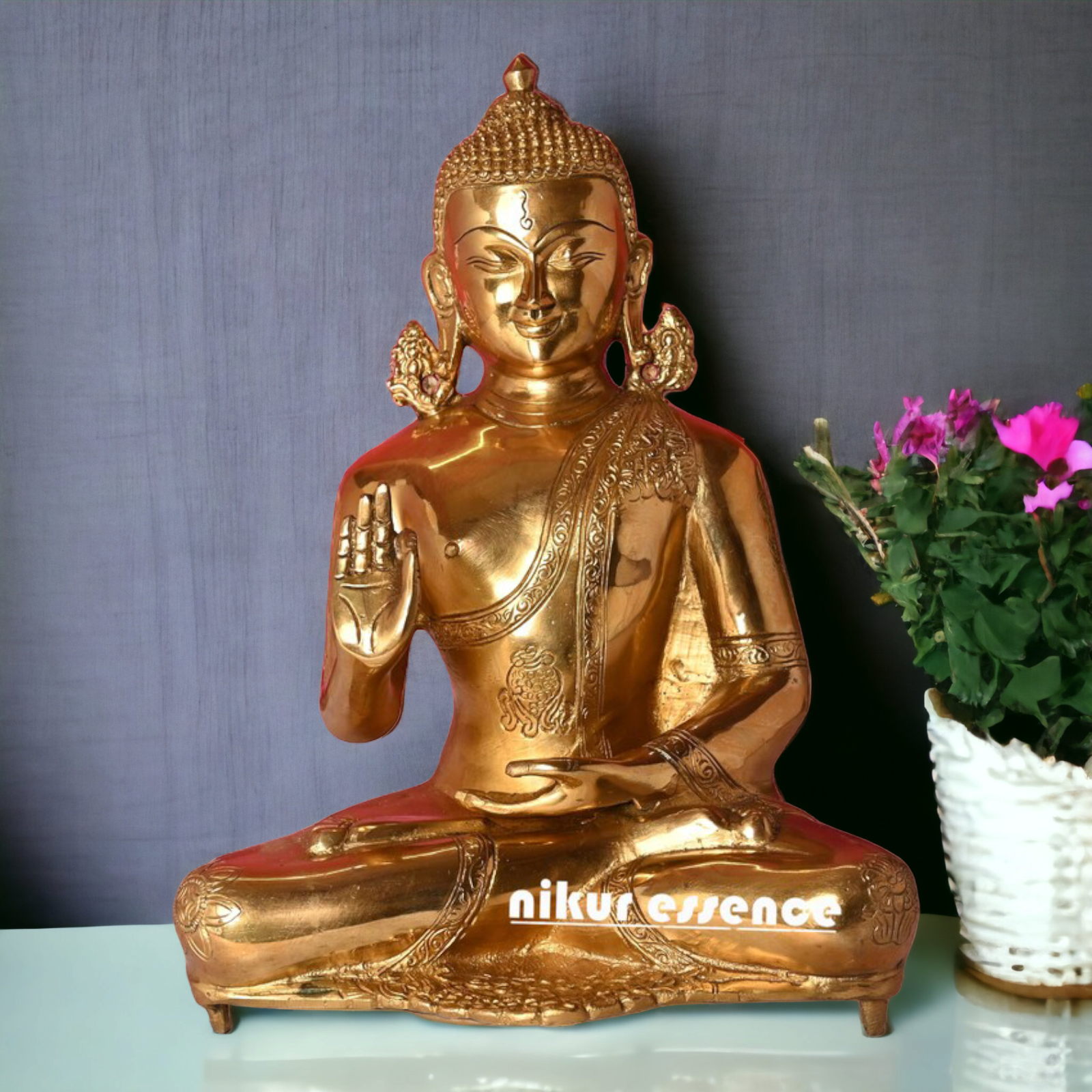 Solid Brass Buddha Sitting with Blessing Idol - 12.5 inches Nikuressence