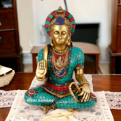 Brass Hanuman Sitting idol with Stone Work - 7.087 inches Nikuressence