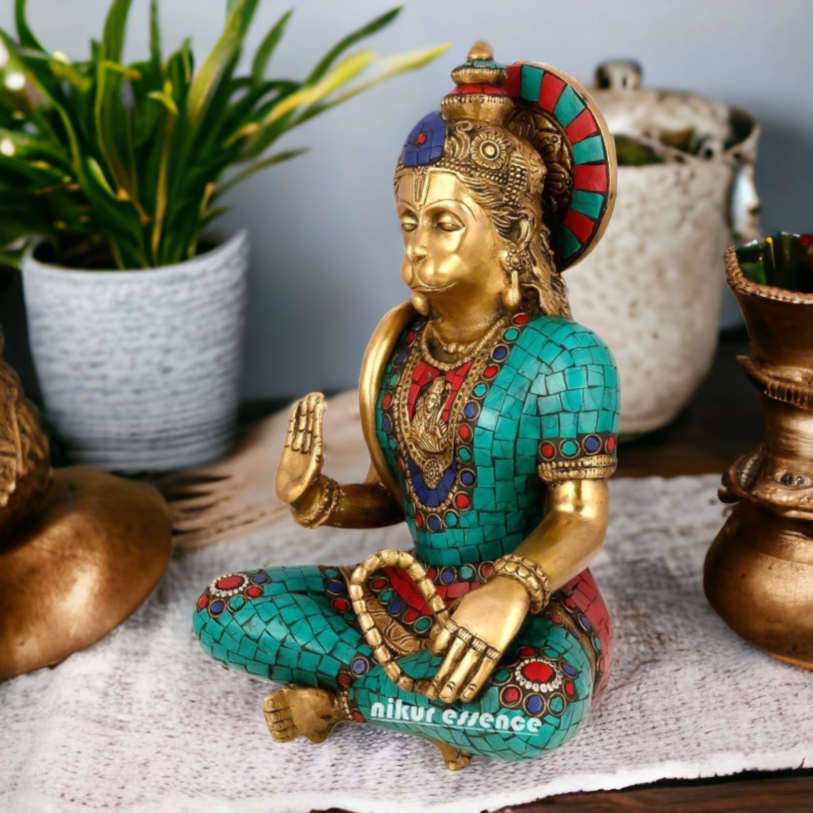 Brass Hanuman Sitting idol with Stone Work - 7.087 inches Nikuressence