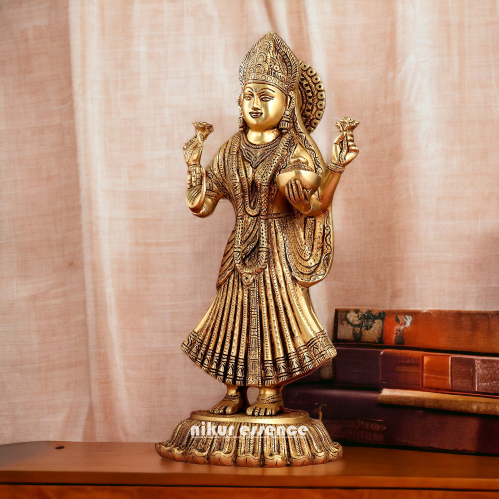 Goddess Lakshmi Standing Brass Idol - 17.5 inches Nikuressence