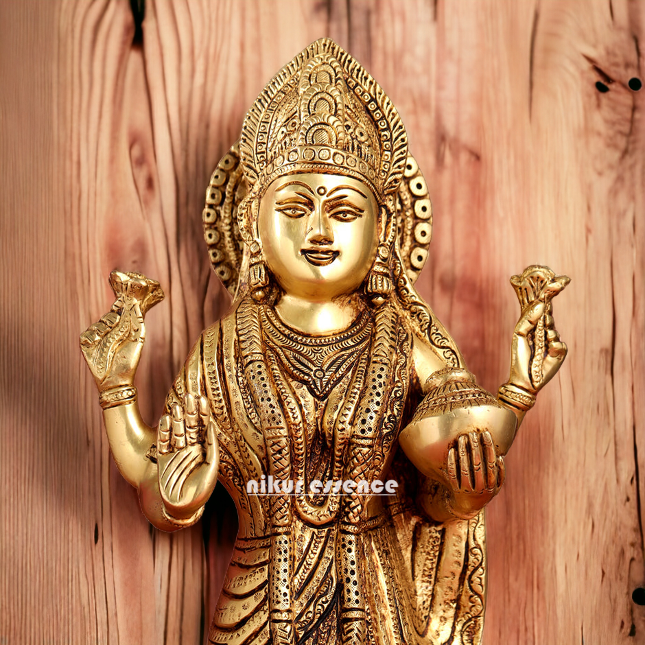 Goddess Lakshmi Standing Brass Idol - 17.5 inches Nikuressence