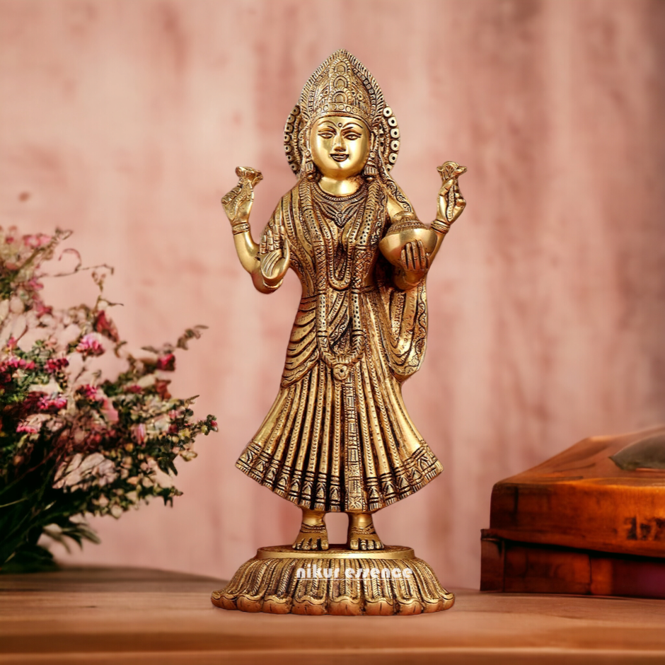 Goddess Lakshmi Standing Brass Idol - 17.5 inches Nikuressence
