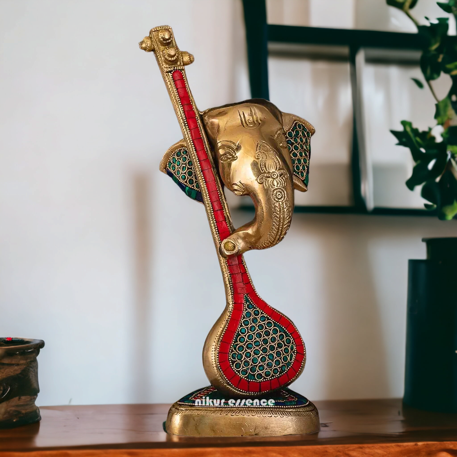 Shop Ganesh Face with Veena Brass Idol Stone Work - 11.5 inches Nikuressence