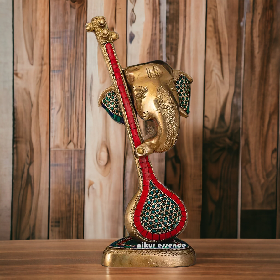 Shop Ganesh Face with Veena Brass Idol Stone Work - 11.5 inches Nikuressence