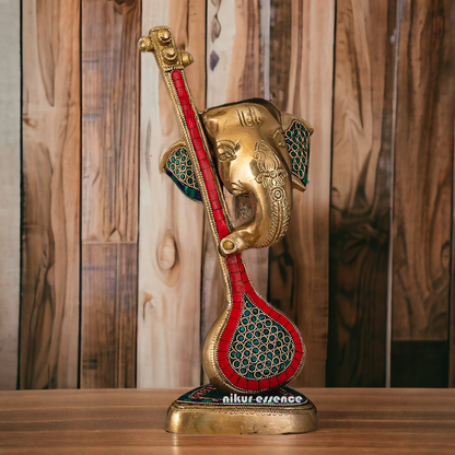 Shop Ganesh Face with Veena Brass Idol Stone Work - 11.5 inches Nikuressence