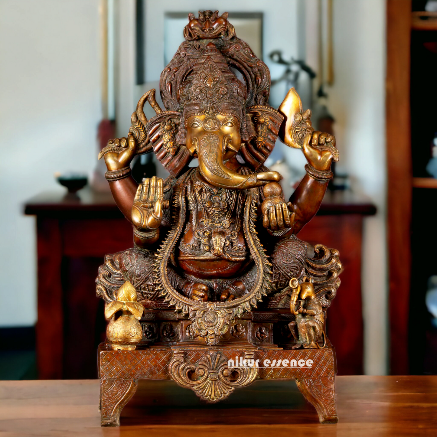 Buy Ganesh Sitting on Singhasan Brass Idol - 34.646 inches Nikuressence