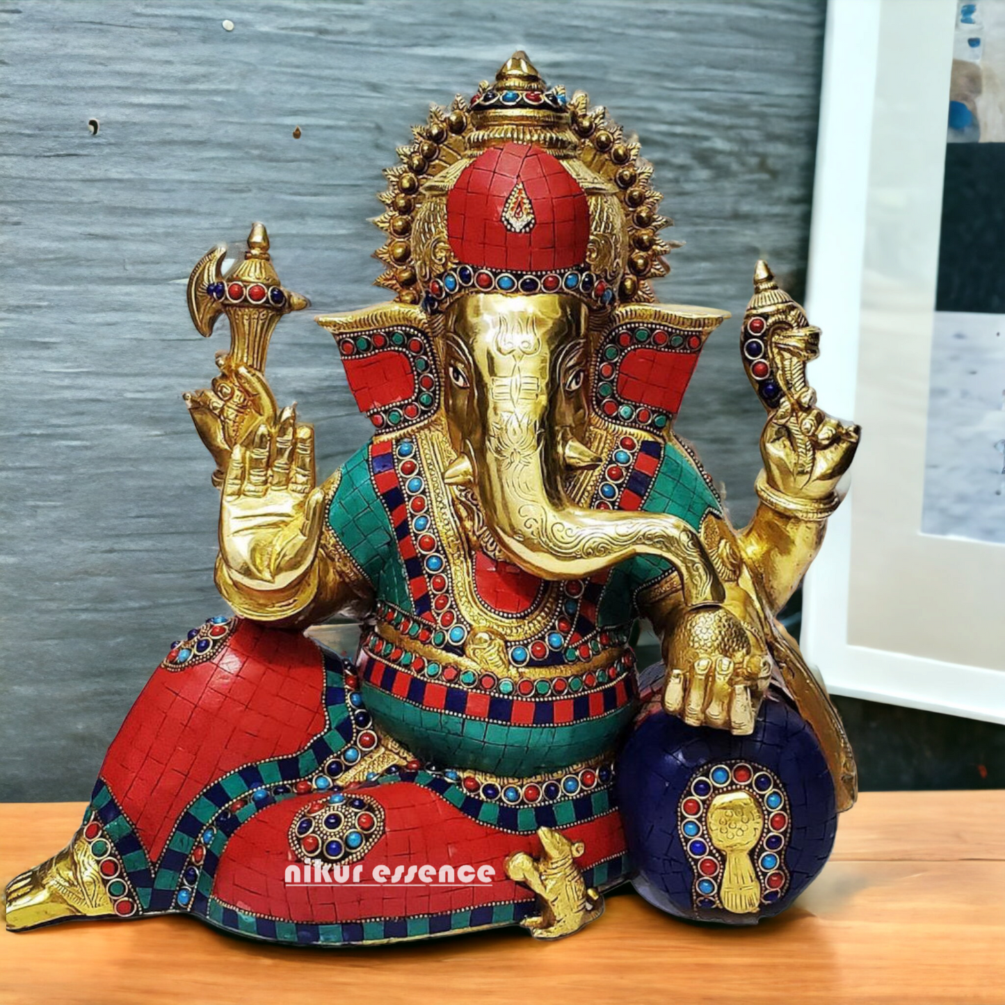 Shop Ganesh Relaxing Brass idol with Stone Work - 15 inches Nikuressence
