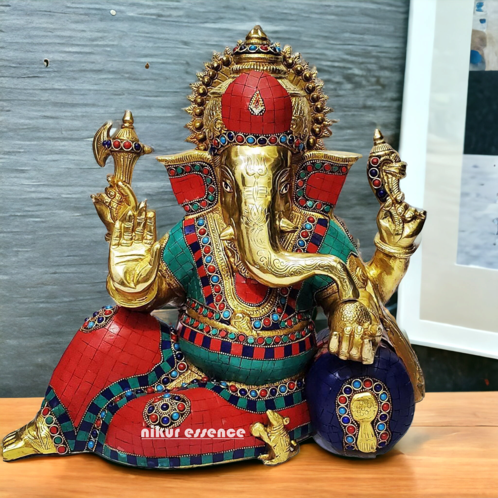 Shop Ganesh Relaxing Brass idol with Stone Work - 15 inches Nikuressence