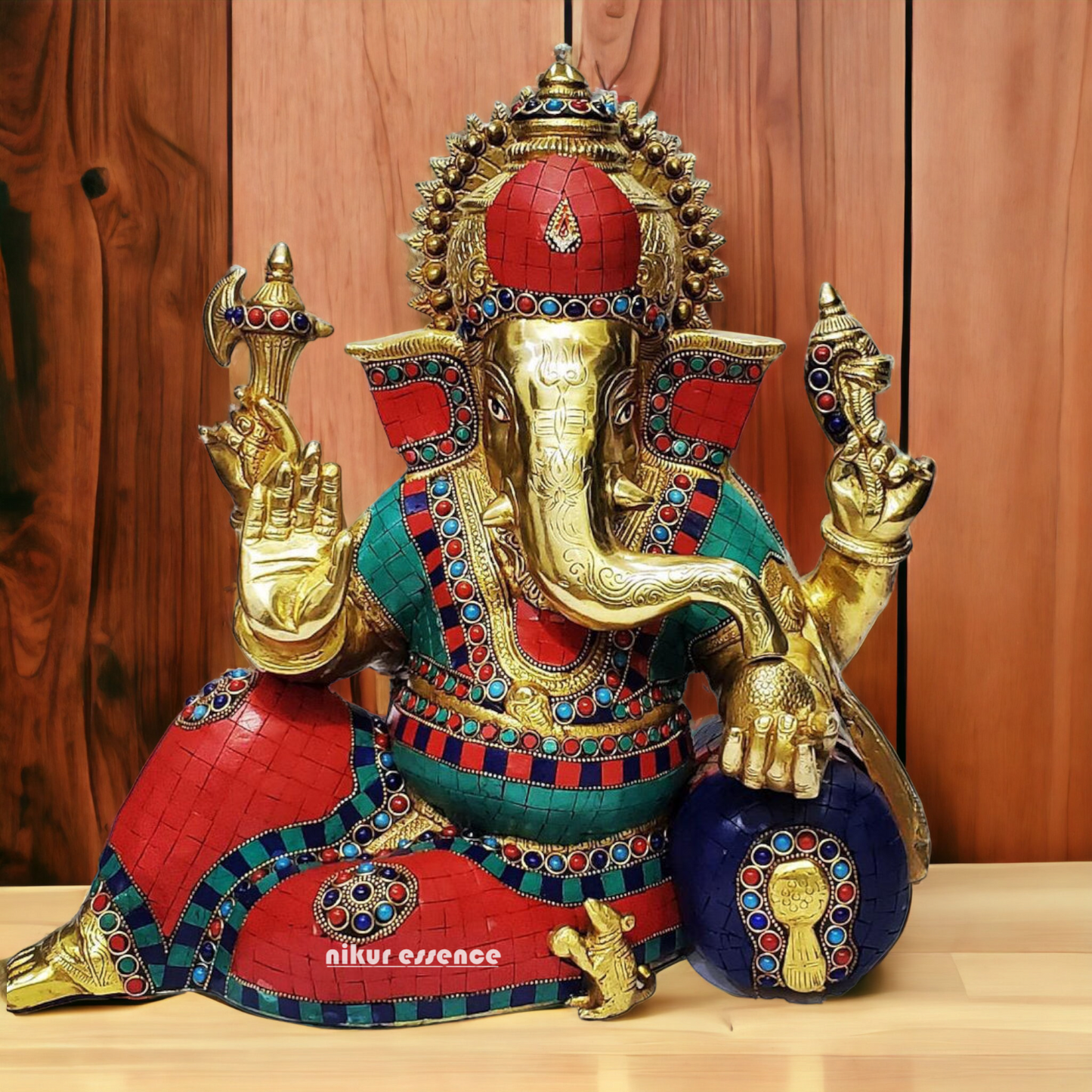 Shop Ganesh Relaxing Brass idol with Stone Work - 15 inches Nikuressence