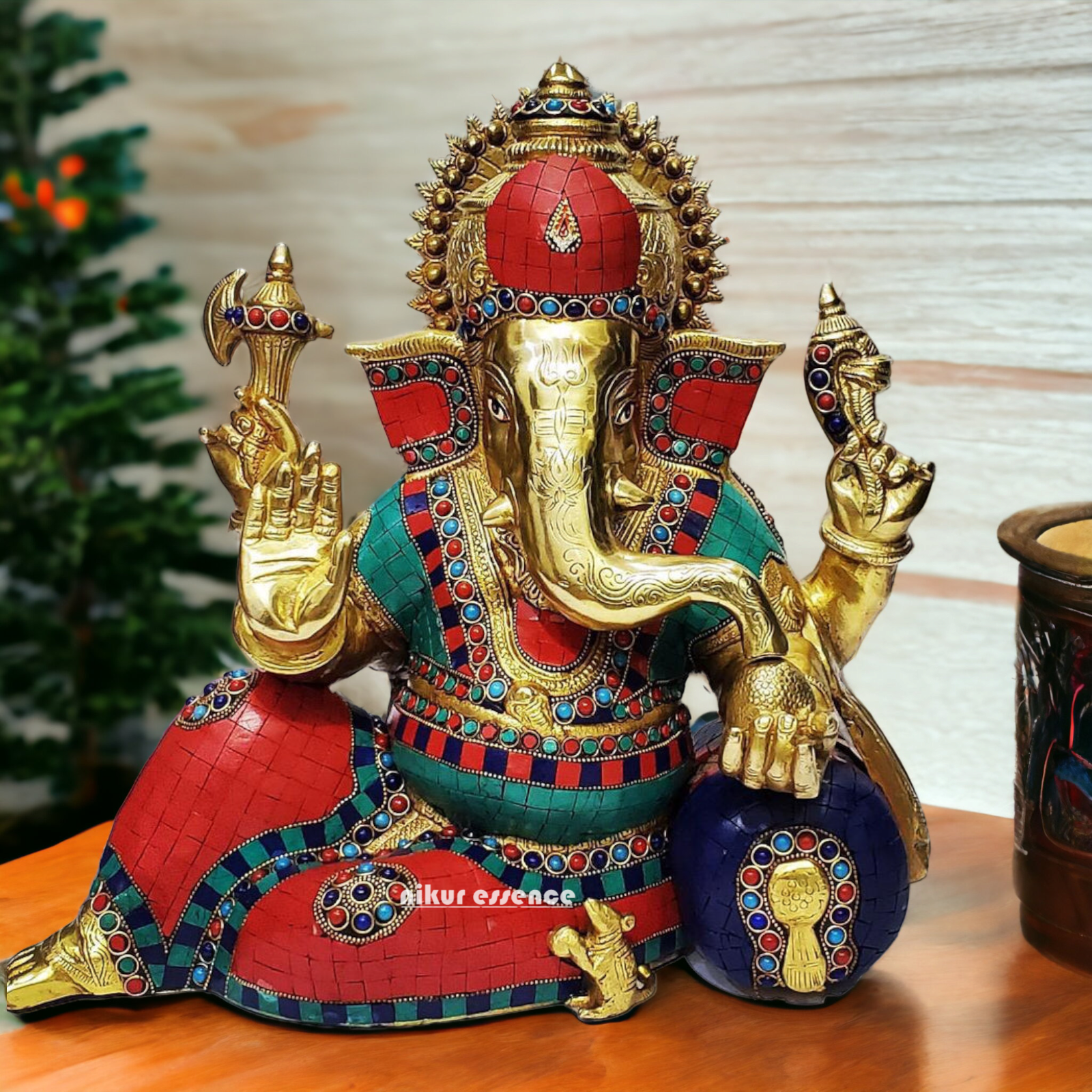 Shop Ganesh Relaxing Brass idol with Stone Work - 15 inches Nikuressence