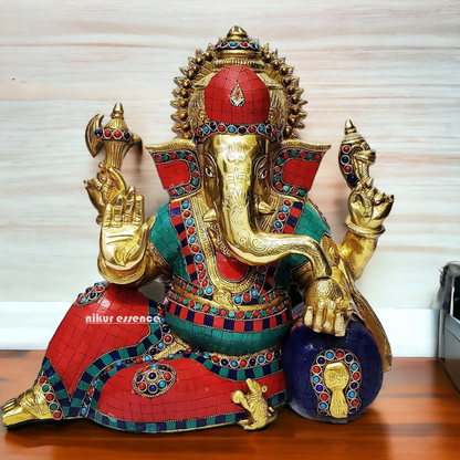 Shop Ganesh Relaxing Brass idol with Stone Work - 15 inches Nikuressence