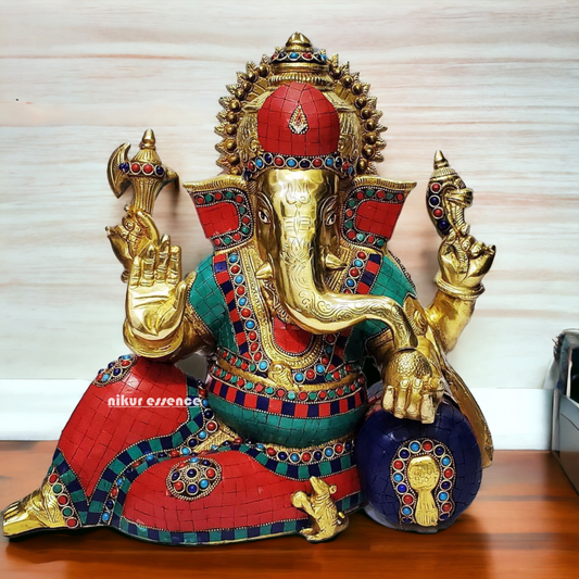 Shop Ganesh Relaxing Brass idol with Stone Work - 15 inches Nikuressence