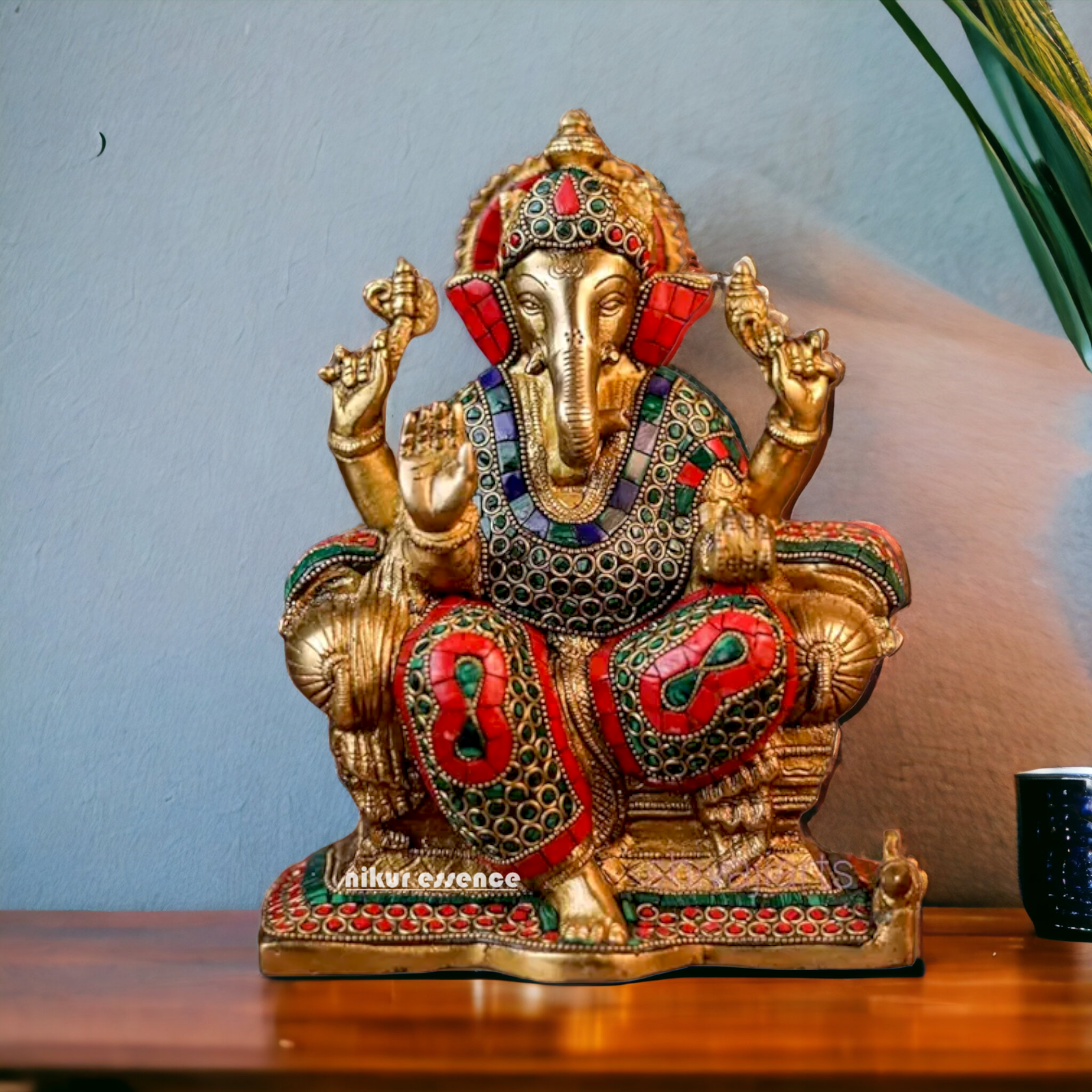 Large Ganesh Ganpati Sitting Blessing with Stone Work - 9 inches Nikuressence