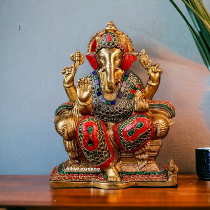 Large Ganesh Ganpati Sitting Blessing with Stone Work - 9 inches Nikuressence