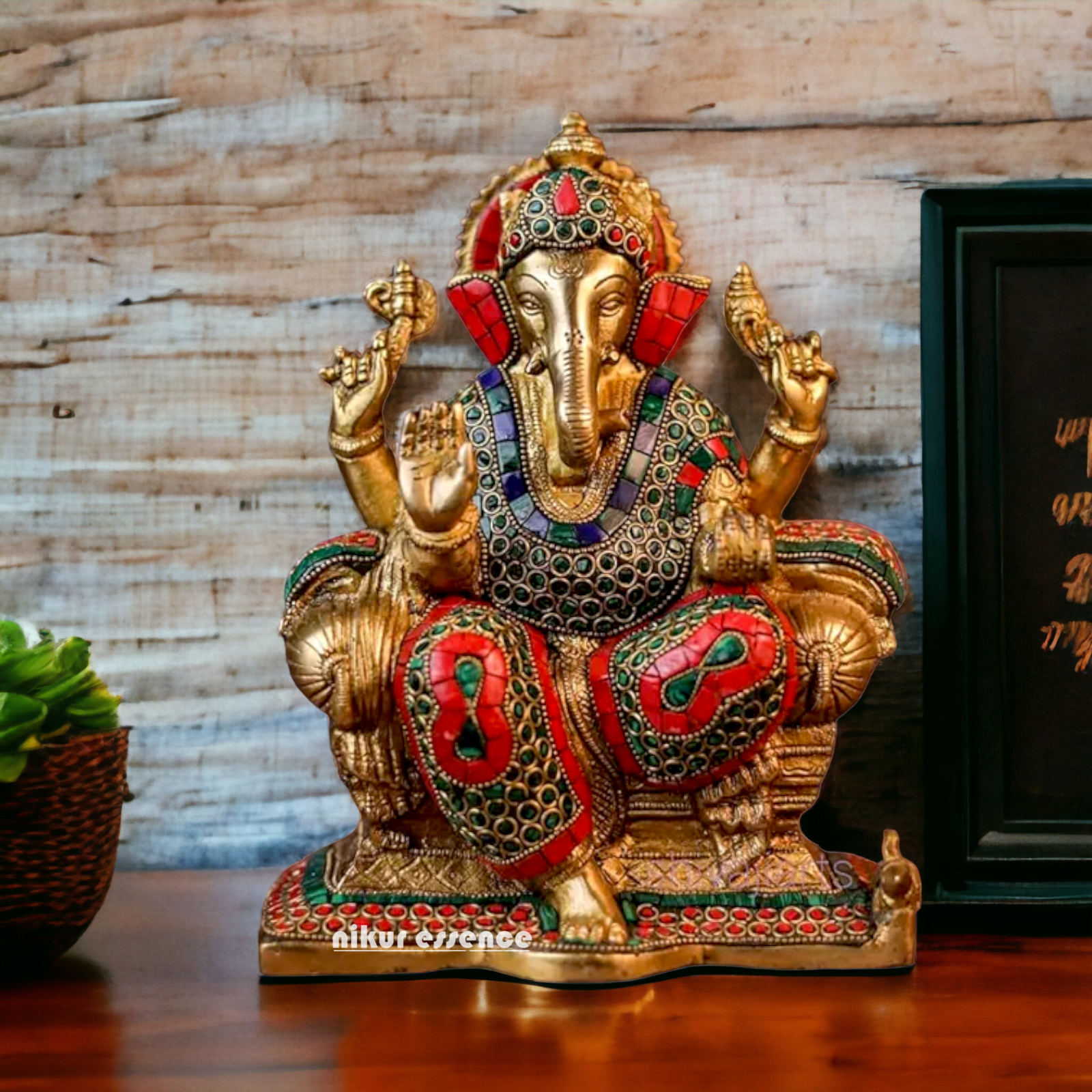 Large Ganesh Ganpati Sitting Blessing with Stone Work - 9 inches Nikuressence