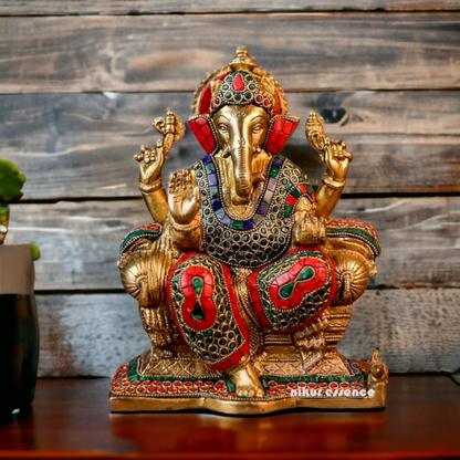 Large Ganesh Ganpati Sitting Blessing with Stone Work - 9 inches Nikuressence