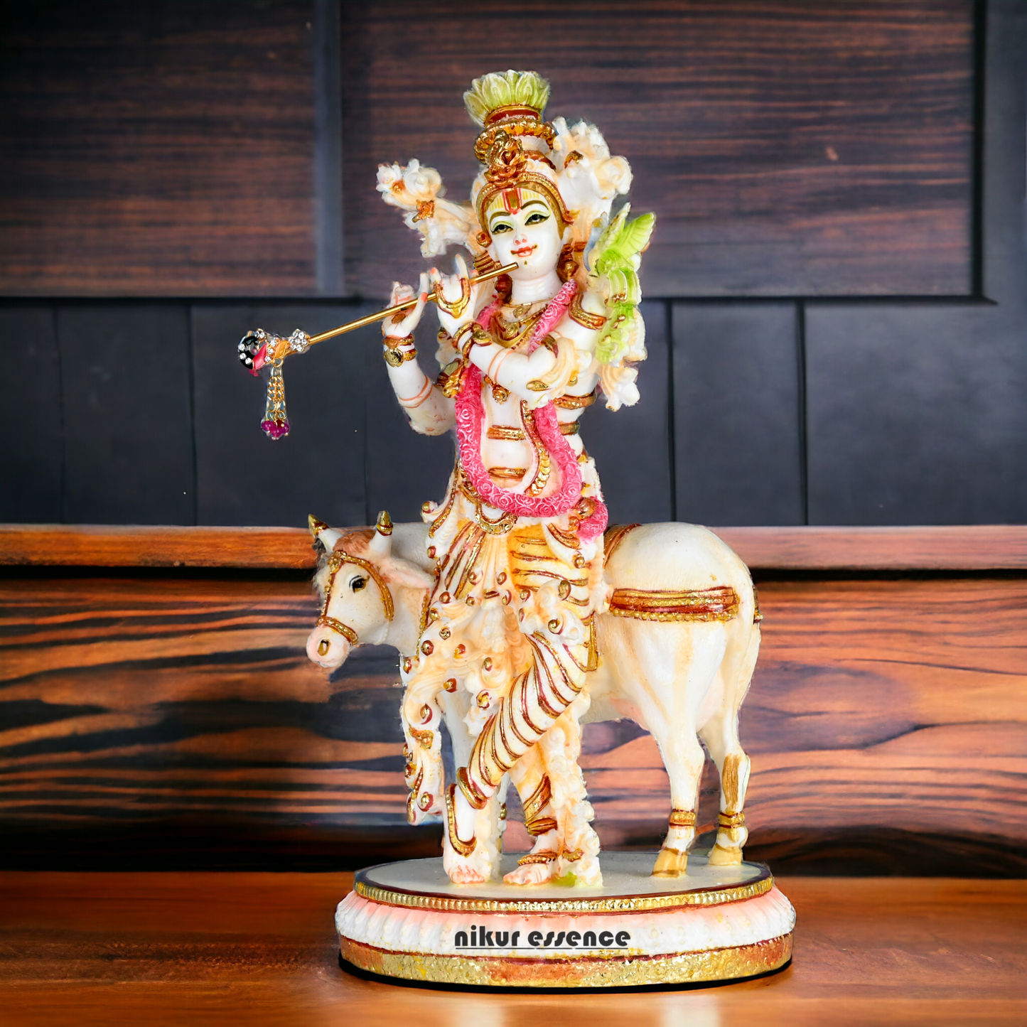 Buy Handcrafted White Cultured Marble Krishna Statue with Cow nikuressence Nikuressence