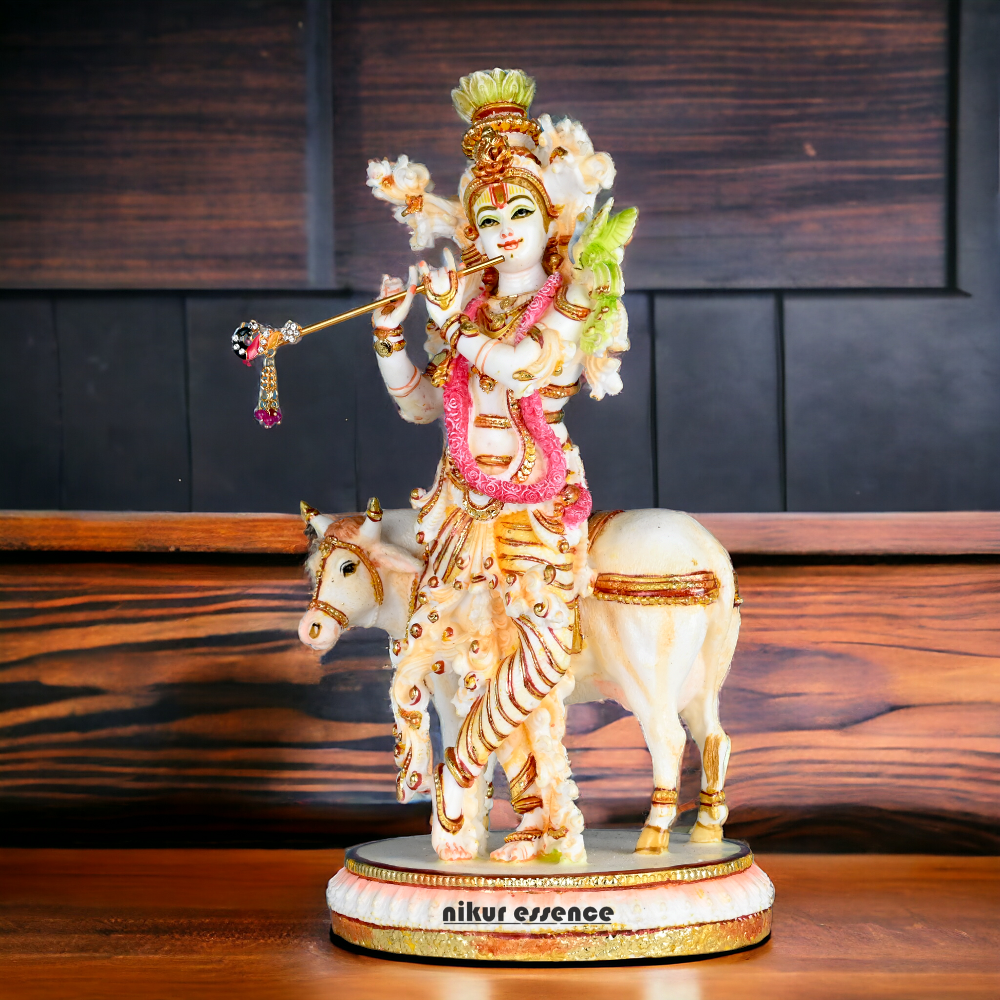Buy Handcrafted White Cultured Marble Krishna Statue with Cow nikuressence Nikuressence