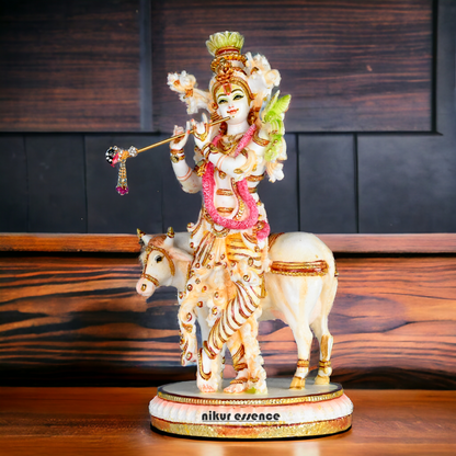 Buy Handcrafted White Cultured Marble Krishna Statue with Cow nikuressence Nikuressence