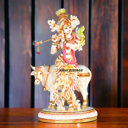 Buy Handcrafted White Cultured Marble Krishna Statue with Cow nikuressence Nikuressence